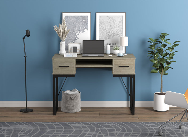 Bureau D’etude 42,5 Po Pour Bureau A Domicile Ou Salle De Jeux – Taupe Fonce Avec 2 Tiroirs, 1 Etagere Et Base En Metal Noir