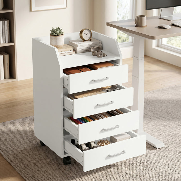 HOMCOM Caisson de rangement a 4 tiroirs avec roulettes verrouillables blanc