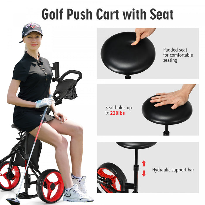 Chariot De Golf A 3 Roues, Chariot Leger Avec 4 Hauteurs Reglables, Chariot De Golf Pliable Avec Porte-parapluie Reglable Et Siege Hydraulique, Sac De Rangement, Porte-boisson, Frein A Pied