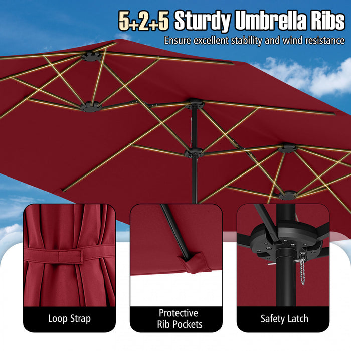 Costway Parasol de patio extra-large de 15,5 pieds avec lumieres solaires LED et 12 baleines robustes rouge