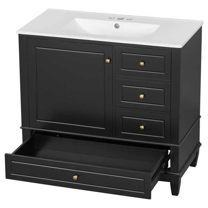 Fanny Meuble-lavabo de 36\" avec vasque en ceramique et charnieres a fermeture douce, Noir
