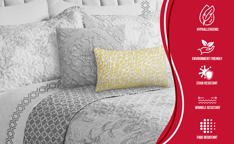 Ensemble Courtepointe Reversible 3 Pieces Tres Grand Lit (King) - Imprime Floral Botanique Gris et Blanc 