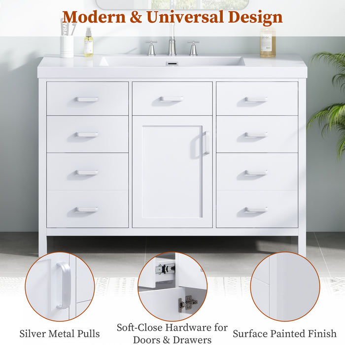 Resina Meuble-Lavabo Simple 48 po avec Vasque en Resine et 6 Tiroirs, Blanc