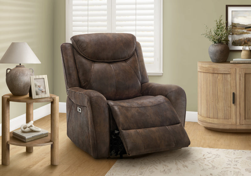 Fauteuil Inclinable Electrique, 37\"L, Planeur, Pivoter, Port Usb Inclus, Aspect Cuir Brun