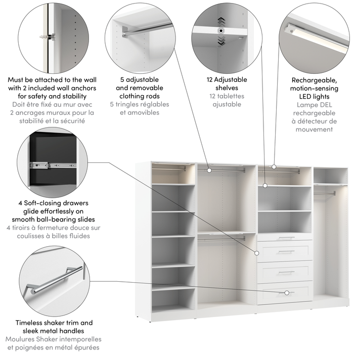 Système de pièce-penderie modulaire Florence de Bestar de 121 po avec éclairages à DEL, tringles, tablettes et tiroirs de style Shaker - blanc