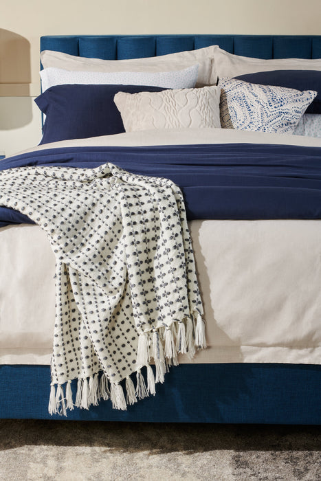 Coussin décoratif médaillon vieilli - blanc cassé, bleu et blanc