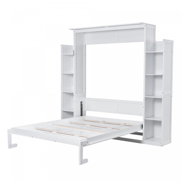 Aiden Lit escamotable Murphy avec etageres et eclairage LED, taille Queen, blanc