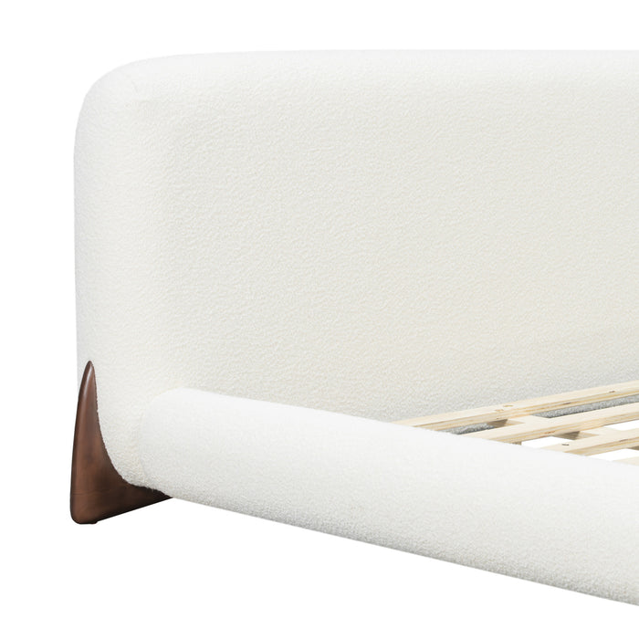 Cadre de lit plateforme Emma a profil bas avec tete de lit courbee et revetement en boucle, taille king, blanc creme