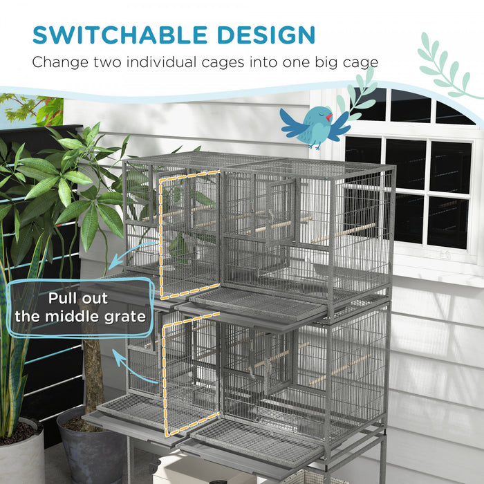 Pawhut Grande Cage A Oiseaux En Metal A Double Roulement Avec Plateau En Metal Amovible, Etagere De Rangement, Perchoir En Bois, Recipient Alimentaire, Gris