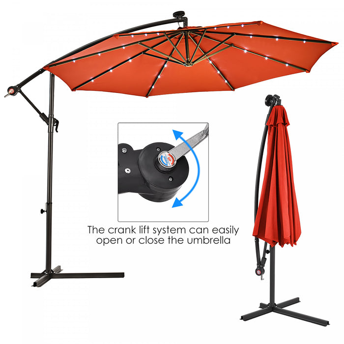 Costway Parasol suspendu solaire LED 10' pour patio, ombre solaire decalee avec base Marche Orange