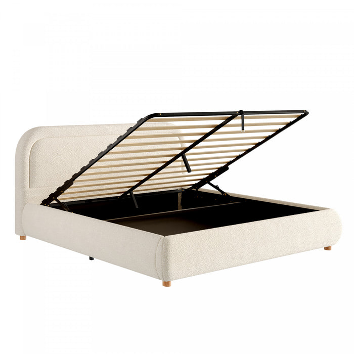 Lit plateforme Sophia avec rangement a levage hydraulique, revetement en boucle, taille king, beige