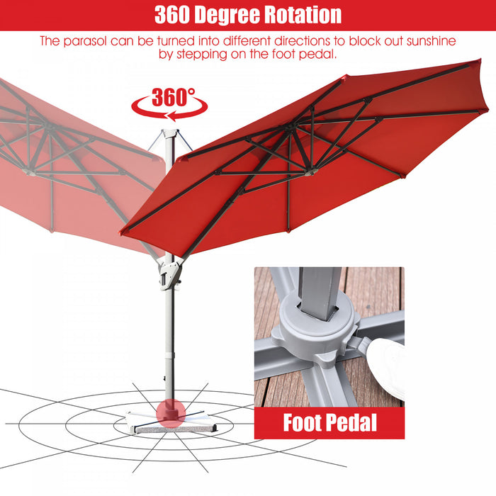 Costway Parasol deporte 11ft pour terrasse a rotation cantilever, aluminium, inclinable, base croisee, vin