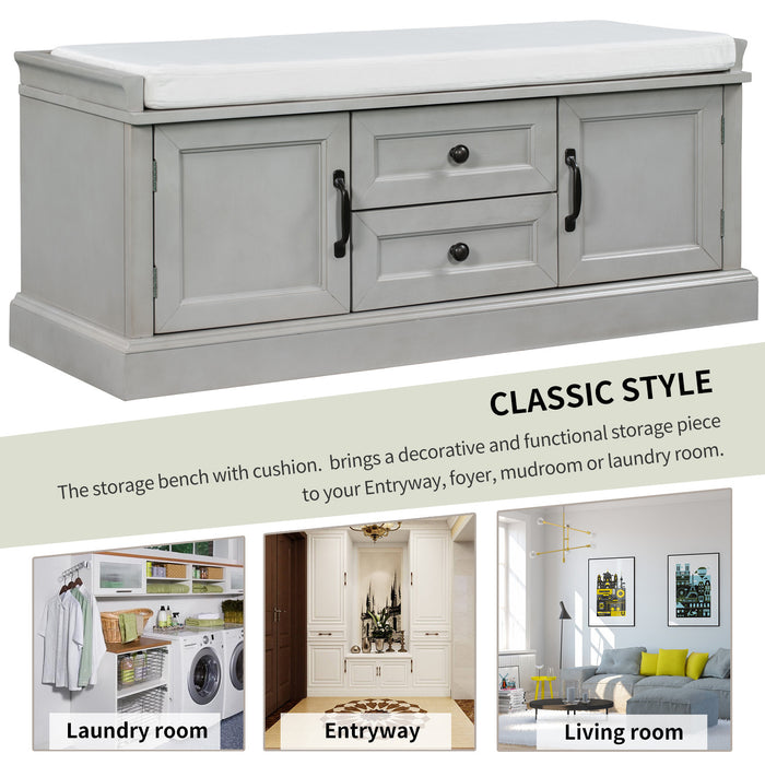 Banc De Rangement Boyce En Bois Massif Avec Meuble A Chaussures 4 Portes Et Coussin, Gris Patine