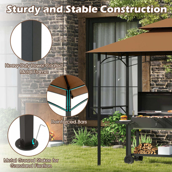 Costway 8’ X 5’ Grill Gazebo Avec 2 Etageres 7 Crochets Cadre En Metal Soft Top Brun