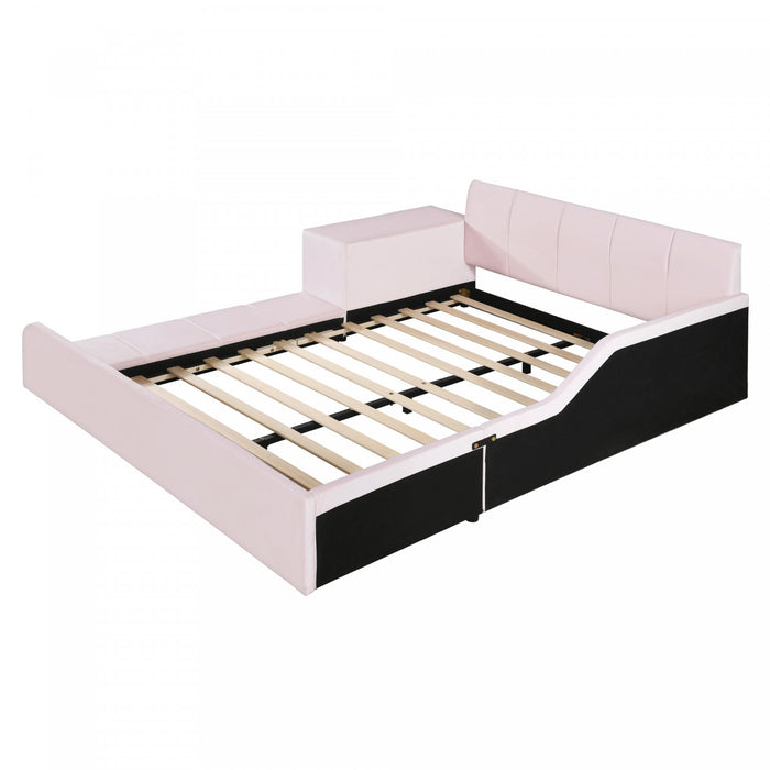 Lit Lily en velours rembourre avec bureau et tabouret, taille Queen, rose