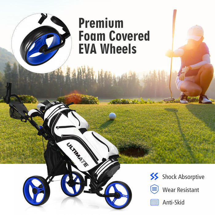Goplus Pliant 3 Roues Golf Push Cart W/seat Tableau De Bord Poignee Reglable Bleu