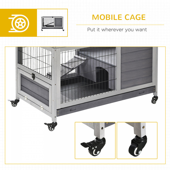 Pawhut Huche D'interieur En Bois Pour Lapin Avec Cage Surelevee Avec Enclos Ferme Avec Roues, Ideal Pour Les Lapins Et Les Cochons D'inde