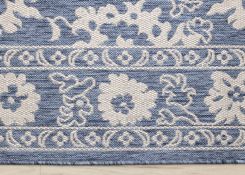 Tapis d'exterieur Cabana bleu et blanc a bordure elegante, 7'10\" x 10'6\"