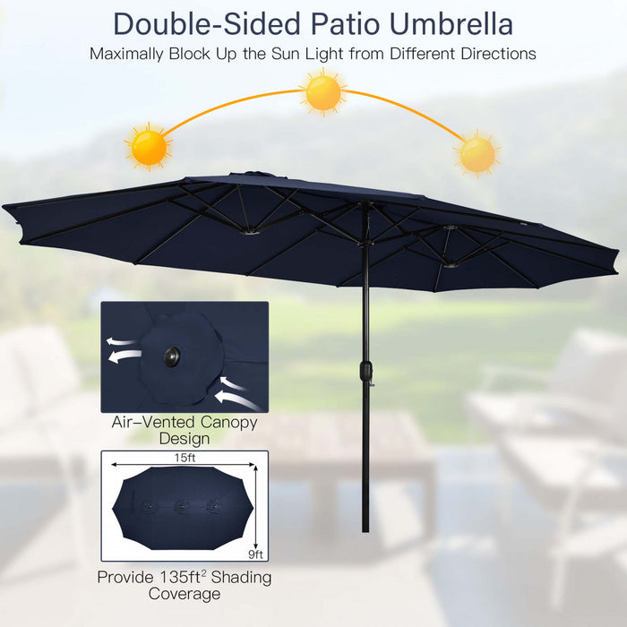 Parasol double face Costway de 15 pieds avec commande par manivelle, base de marche, couleur marine