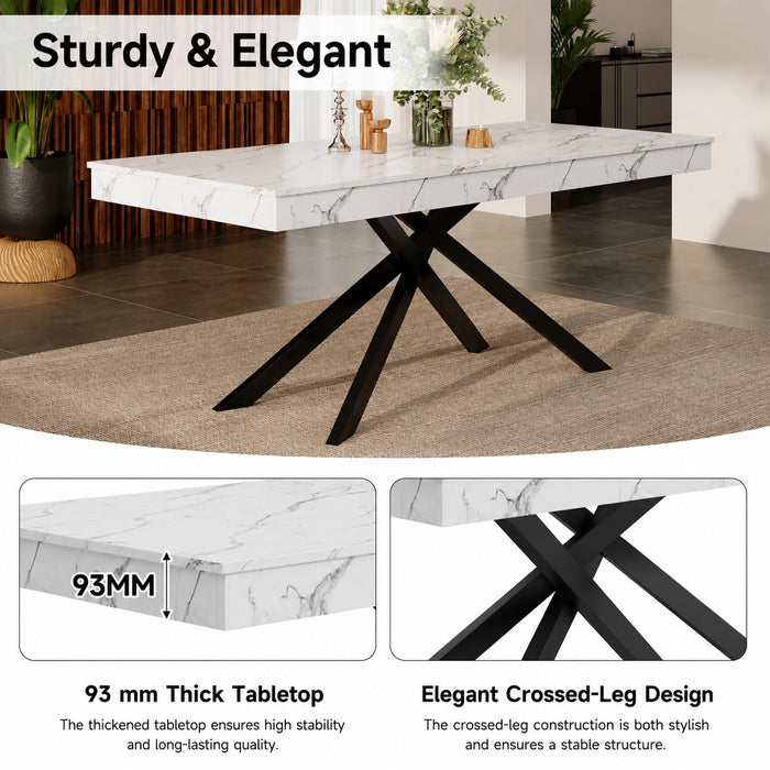 FlexDine Table a Manger Rectangulaire Extensible 55-71 po avec Pieds Croises et Finition Effet Marbre, Marbre Blanc