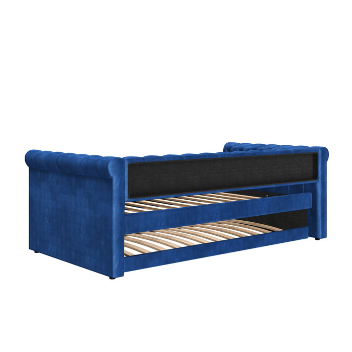 Le Daybed Sophia avec design capitonne, revetement en tissu, lit d'appoint avec trundle et dossier confortable, couleur bleue