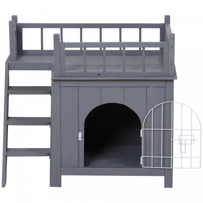Pawhut Abri Pour Chats En Bois, Exterieur, Etanche Et Sureleve, A Deux Niveaux, Avec Balcon, Gris