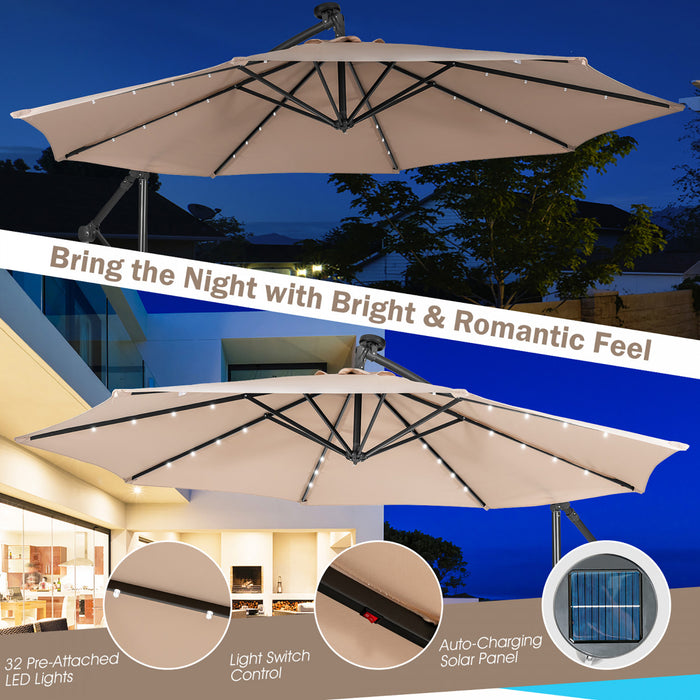 Costway Parasol cantilever 10FT solaire avec 32 LED eclairees pour terrasse, exterieur, beige
