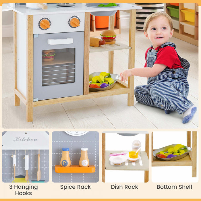 Cuisine Pour Enfants En Bois Avec Etageres De Rangement, Accessoires De Cuisine, Horloge Mignonne Et Son Realiste, Jeu De Cuisine D'imitation Pour Tout-petits, Cadeau Pour 3+ Ans
