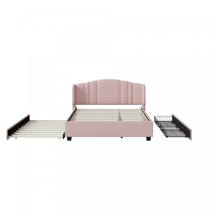 Lit plateforme Jean rembourre avec tete de lit a oreilles et tiroirs de rangement, taille queen, rose