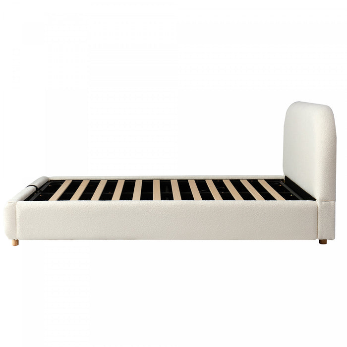 Lit plateforme Laurel avec coffre de rangement a levage hydraulique, tapisserie bouclee et espace de rangement cache sous le lit, taille Queen, blanc