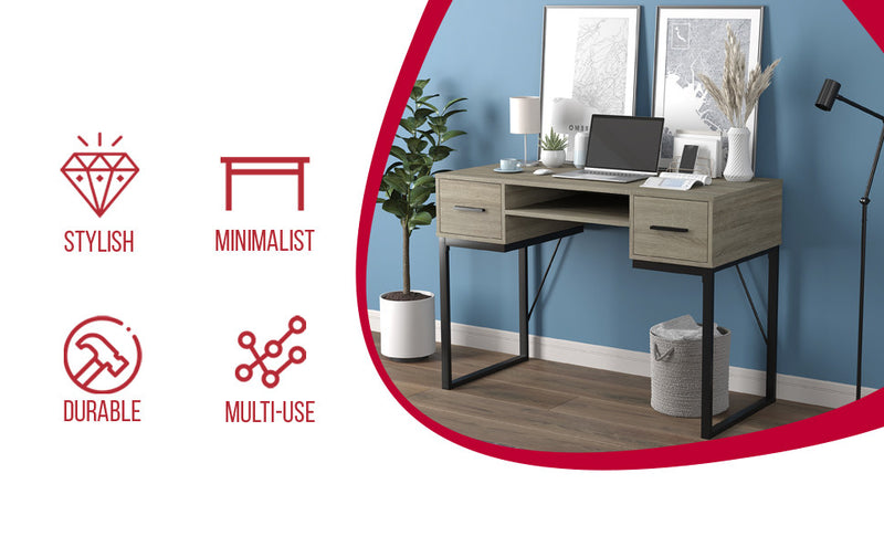 Bureau D’etude 42,5 Po Pour Bureau A Domicile Ou Salle De Jeux – Taupe Fonce Avec 2 Tiroirs, 1 Etagere Et Base En Metal Noir