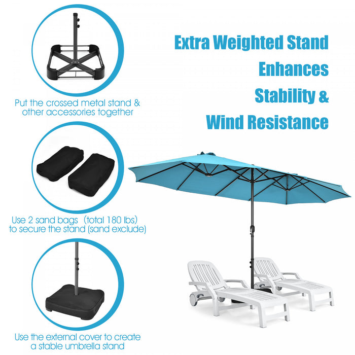 Parasol de patio jumeau double face Costway de 15 pieds, ombrage exterieur, manivelle et marche turquoise