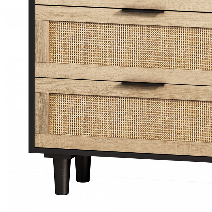 Meuble de rangement moderne Mila a 6 tiroirs en rotin avec structure en bois manufacture, noir, 130 cm