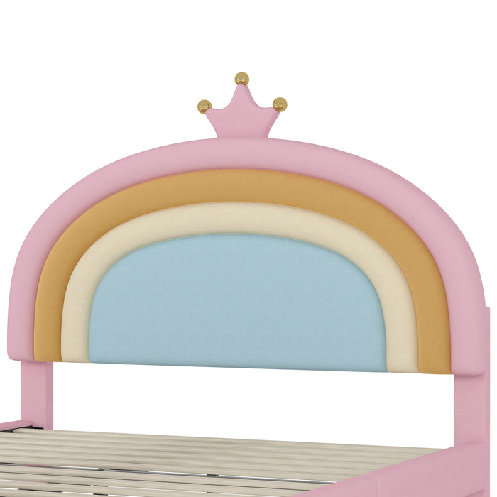 Lit Princesse Arc-en-ciel Maggie Tapisse Avec Tiroir De Rangement Et Cadre Plateforme En Velours, Taille Full, Rose