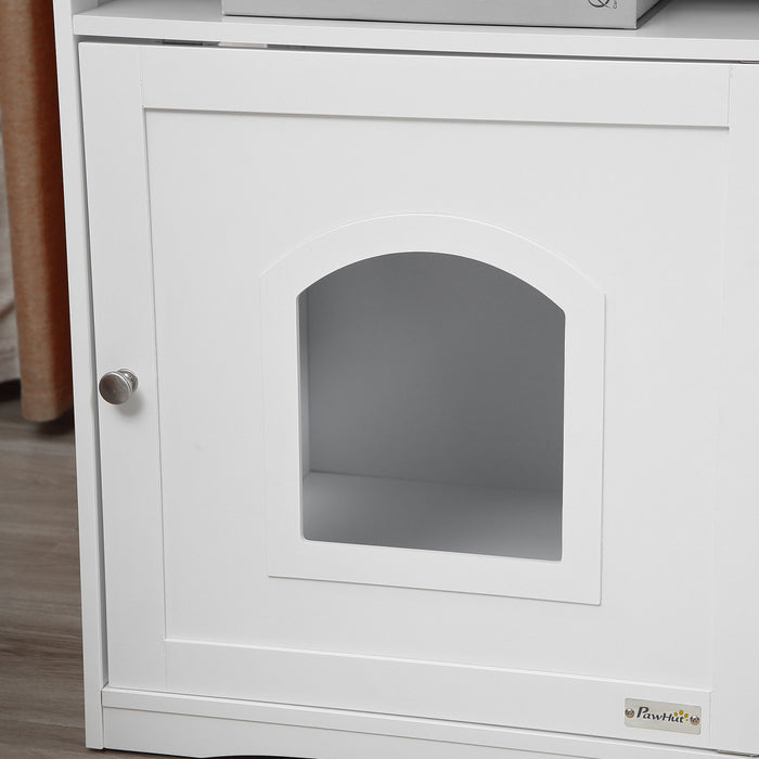 Pawhut Boite A Litiere Pour Chat Armoire Cachee Meubles Pour Chat Toilettes D'interieur Pour Chat Table De Chevet Avec Trou De La Taille D'un Chat Large Etagere De Rangement Blanc