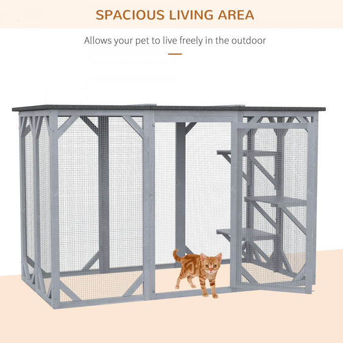 Pawhut 71\" X 31.5\" X 44\" Cage Pour Chats Interieur Exterieur Maison En Bois Pour Petits Animaux Clapier Pour Lapin, Chien, Chaton, Cage-canon Avec Toit Impermeable, Plates-formes A Plusieurs Niveaux