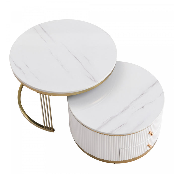 Table Basse Ronde Moderne Thomas De 27,6\" Avec 2 Tiroirs De Rangement, Blanche