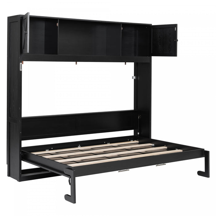 Lit escamotable Ethan en bois massif avec armoires de rangement, taille full, noir