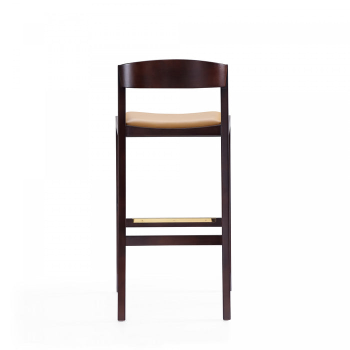 Tabouret de bar en bois rembourre style Klismos mi-siecle moderne, coloris camel - Lot de 3