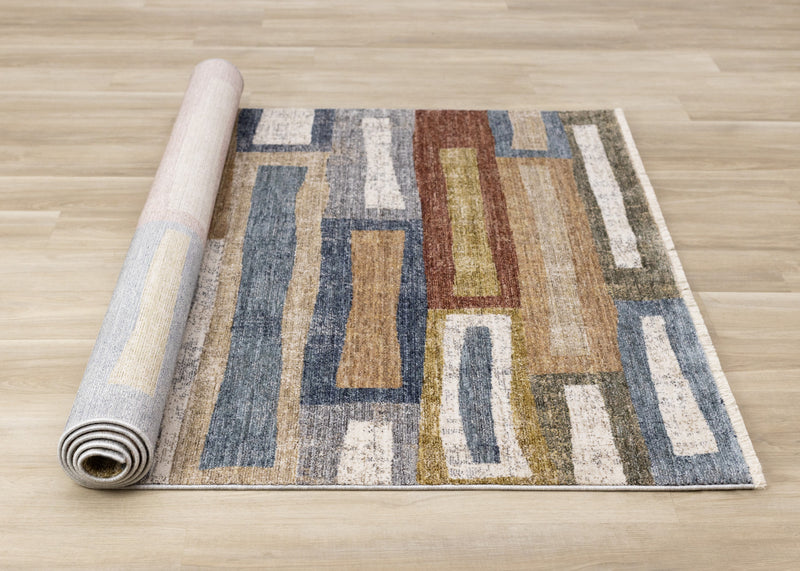 Carpette moderne et raffinée Macey grise, bleue et rouge - 5 pi 3 po x 7 pi 10 po