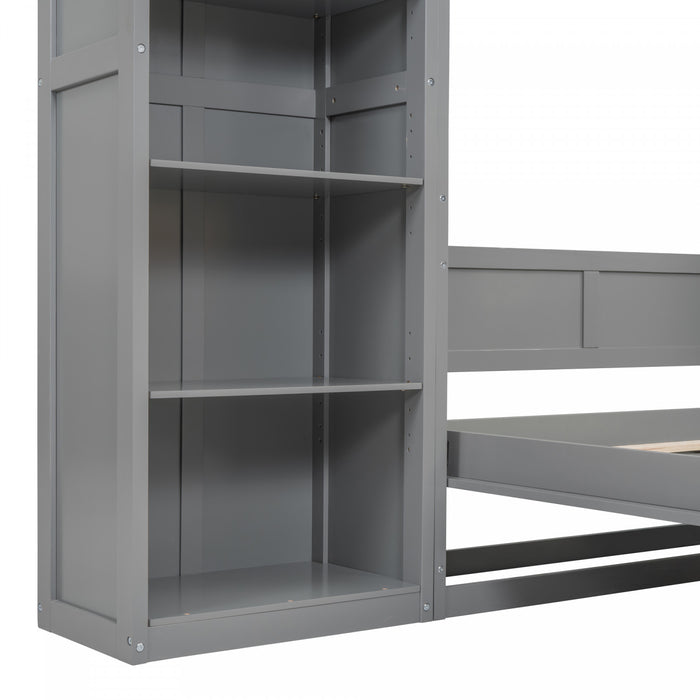 Lit Escamotable Double Jocelyn Gain De Place Avec Etageres, Gris