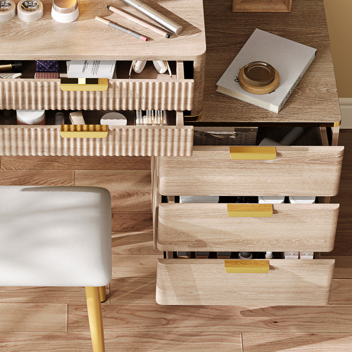 Victoria Ensemble de coiffeuse 7 tiroirs avec miroir LED et pieds en metal, Brun Jaune