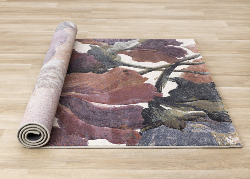 Carpette dense Amelia crème, rose et violette à motif floral - 5 pi 3 po x 7 pi 7 po