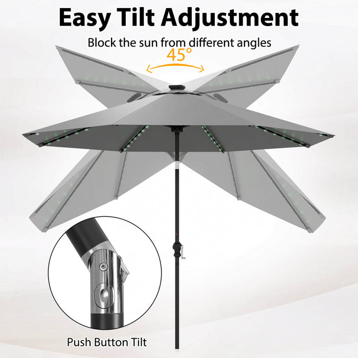 Parasol solaire Costway 10 FT avec 96 LED, inclinaison reglable a 35°, haut ventile, gris