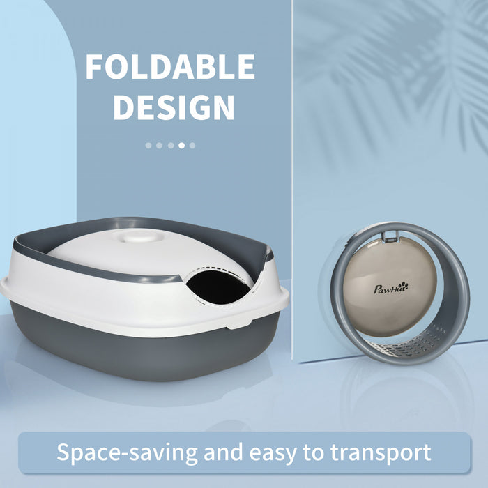 Pawhut Bac A Litiere Pour Chat Avec Couvercle, Avec Cotes Hauts, Assainisseur D'air, Grand Bac A Litiere Pour Chat A Entree Bidirectionnelle, Pliable, Facile A Nettoyer, Blanc Et Gris