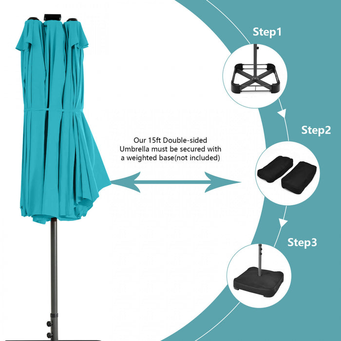 Costway Parasol double face jumeau de patio de 15 pieds avec 48 lumieres LED solaires et manivelle turquoise