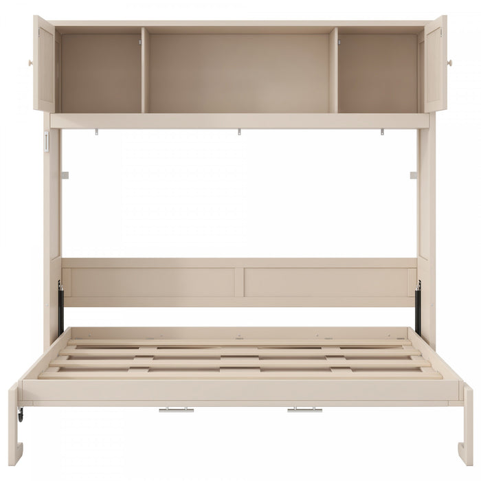 Lit escamotable Ethan en bois massif avec armoires de rangement, taille queen, beige