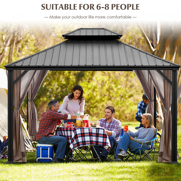 Costway 12ft X 10ft Hardtop Gazebo Exterieur A 2 Niveaux En Acier Galvanise Canopy Brun