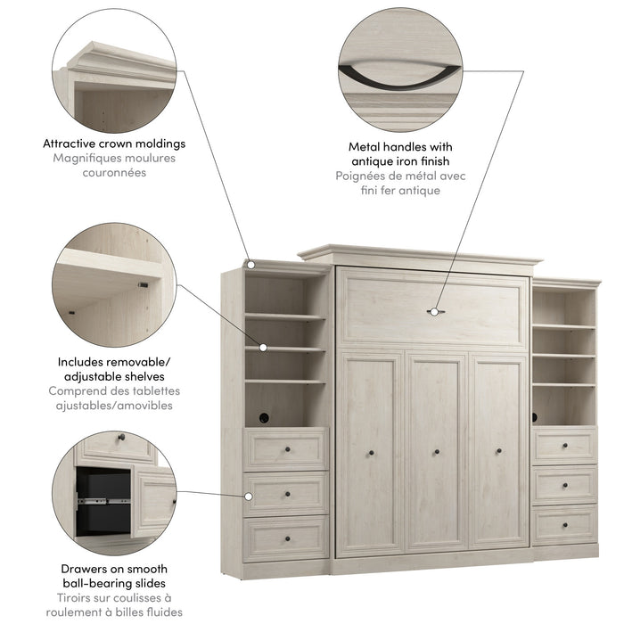 Grand lit escamotable Versatile de Bestar de 115 po (L) avec 2 organisateurs de garde-robe et tiroirs - blanc chêne lin