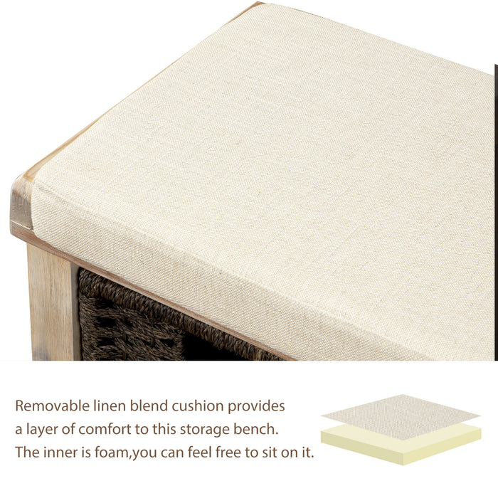 Banc De Rangement Leif En Bois Massif Avec Paniers En Rotin Et Assise Rembourree, Blanc